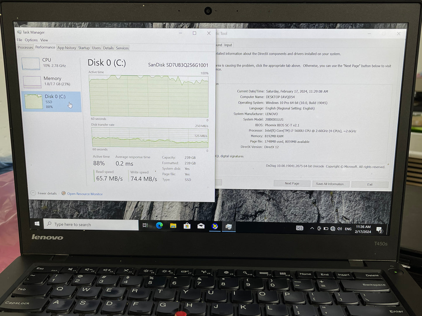Lenovo ThinkPad T450s 14" i7-5600U 2.6GHz 8GB RAM 256GB SSD Win 10 Pro-Very Good