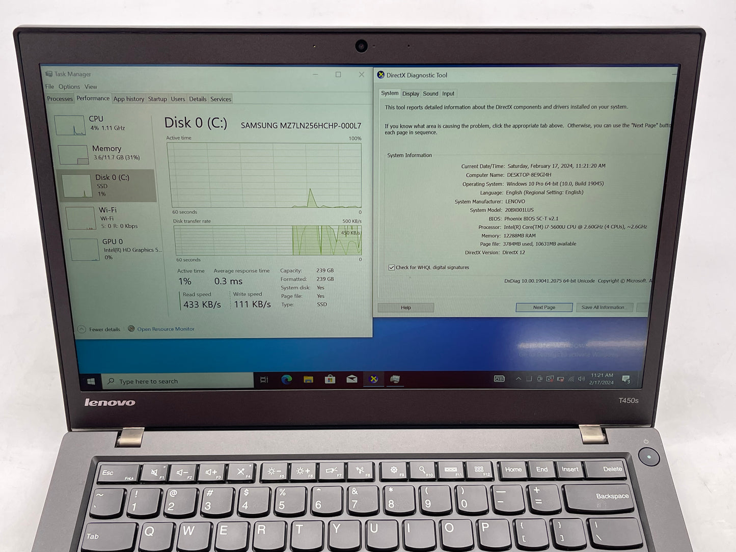 Lenovo ThinkPad T450s 14" i7-5600U 2.6GHz 12GB RAM 256GB SSD Win 10 Pro- Grade A