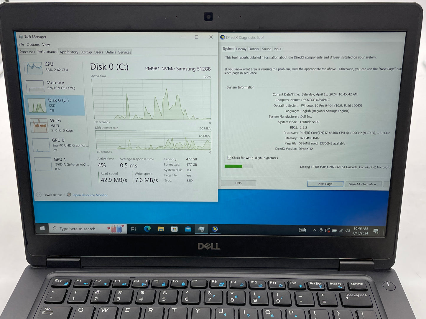Dell 2019 latitude 5490 14" i7-8650U 1.9GHz 16GB RAM 512GB SSD W10 Pro-Excellent