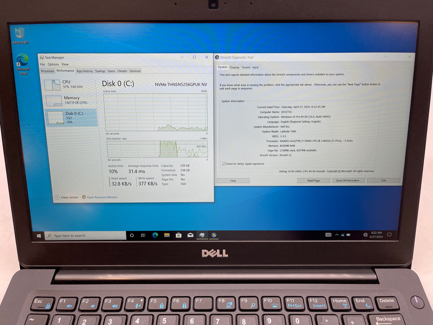 Dell 2017 Latitude 7280 2.8GHz i7-7600U 8GB RAM 256GB SSD W10 Pro - Excellent