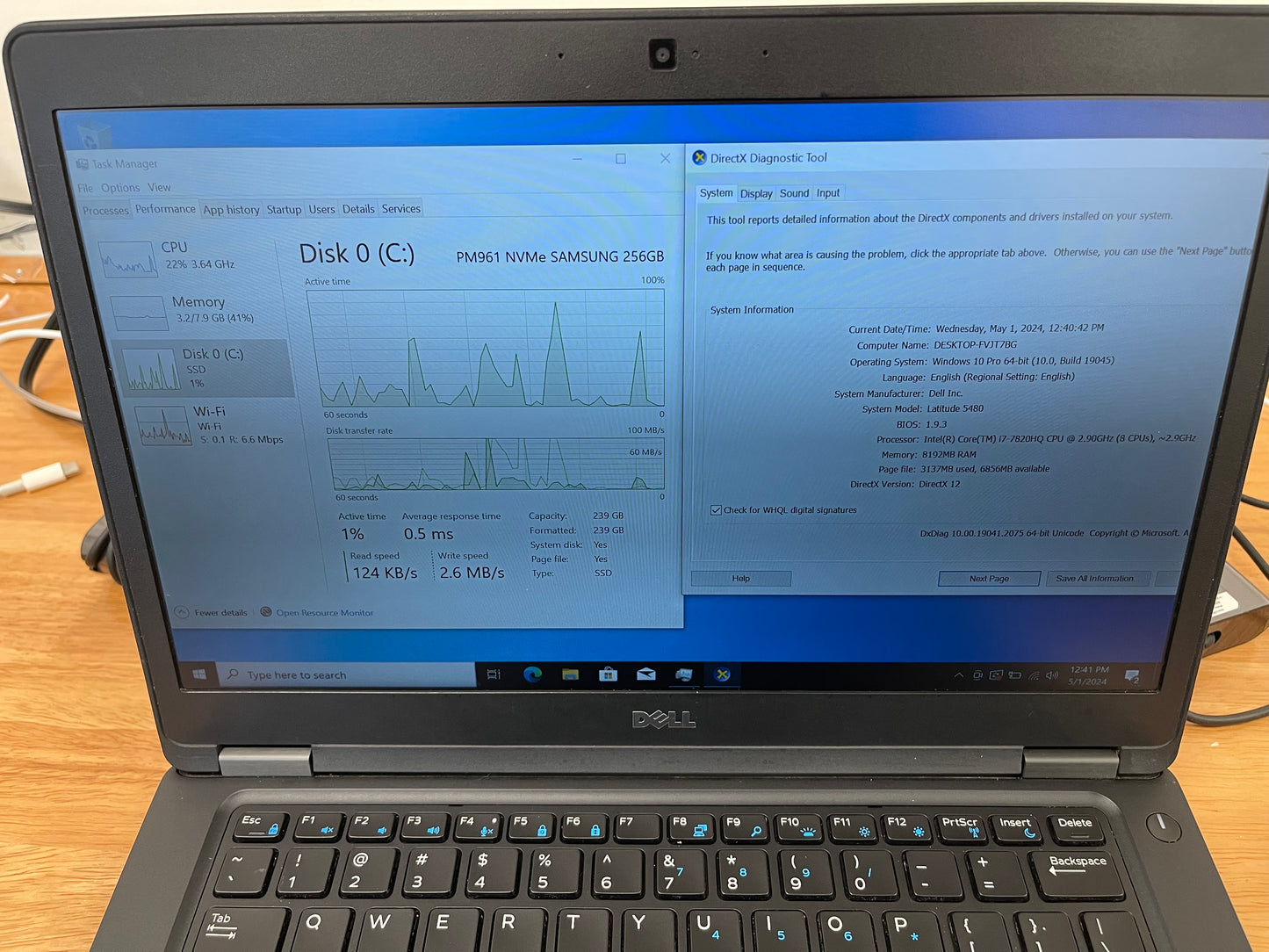 Dell 2018 latitude 5480 14" i7-7820HQ 2.9GHz 8GB RAM 256GB SSD W10 Pro-Very Good