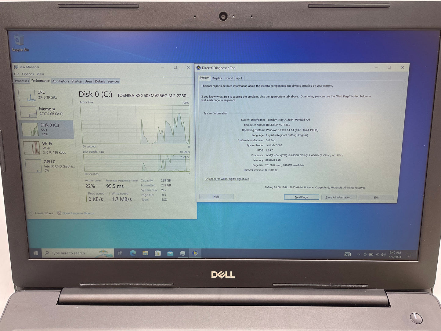 Dell 2019 Latitude 3590 1.6GHz i5-8250U 8GB RAM 256GB SSD W10 Pro - Excellent