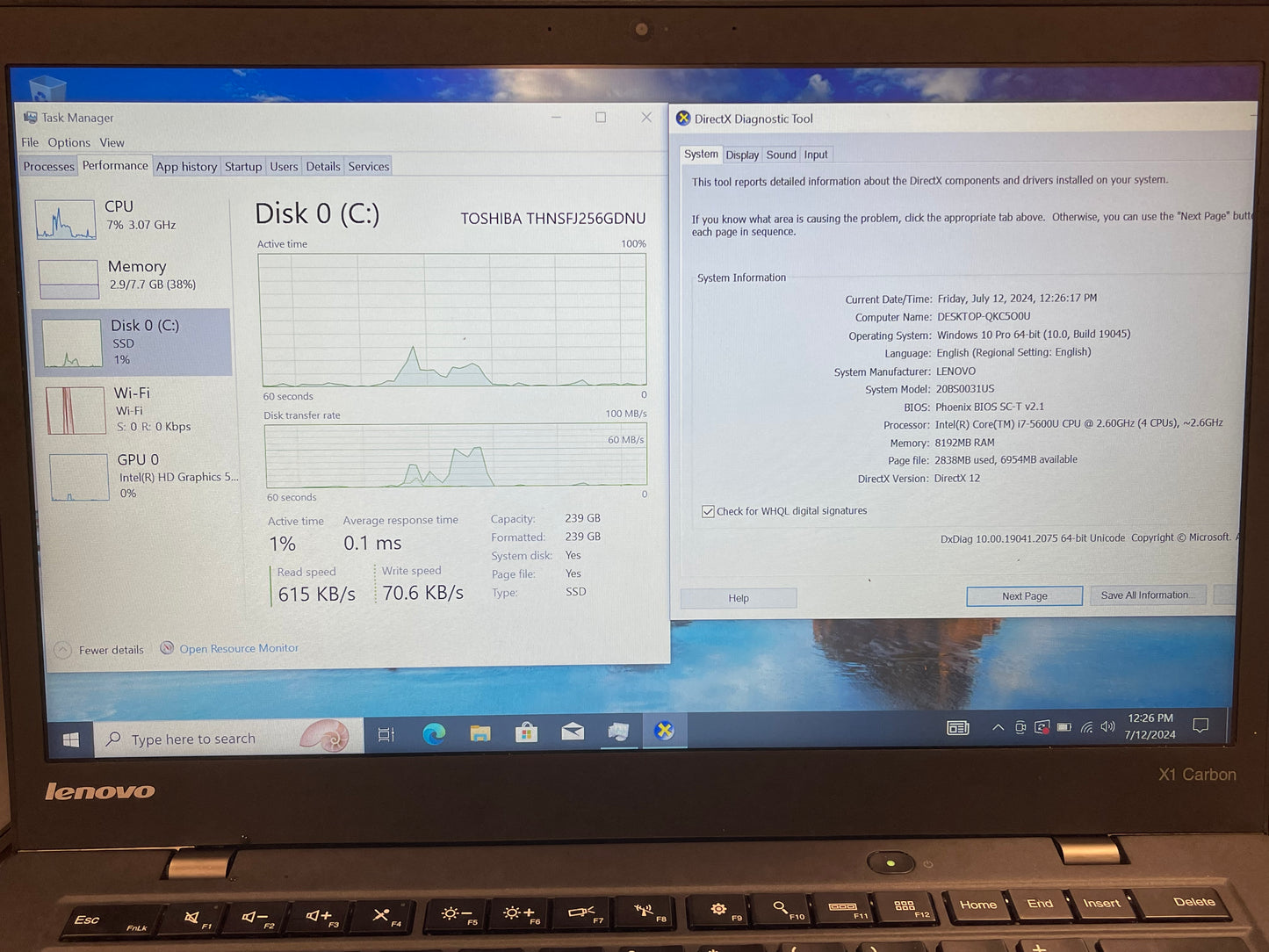 Lenovo ThinkPad X1 Carbon 14" i7-5600U 2.6GHz 8GB RAM 256GB SSD W10 Pro - B+