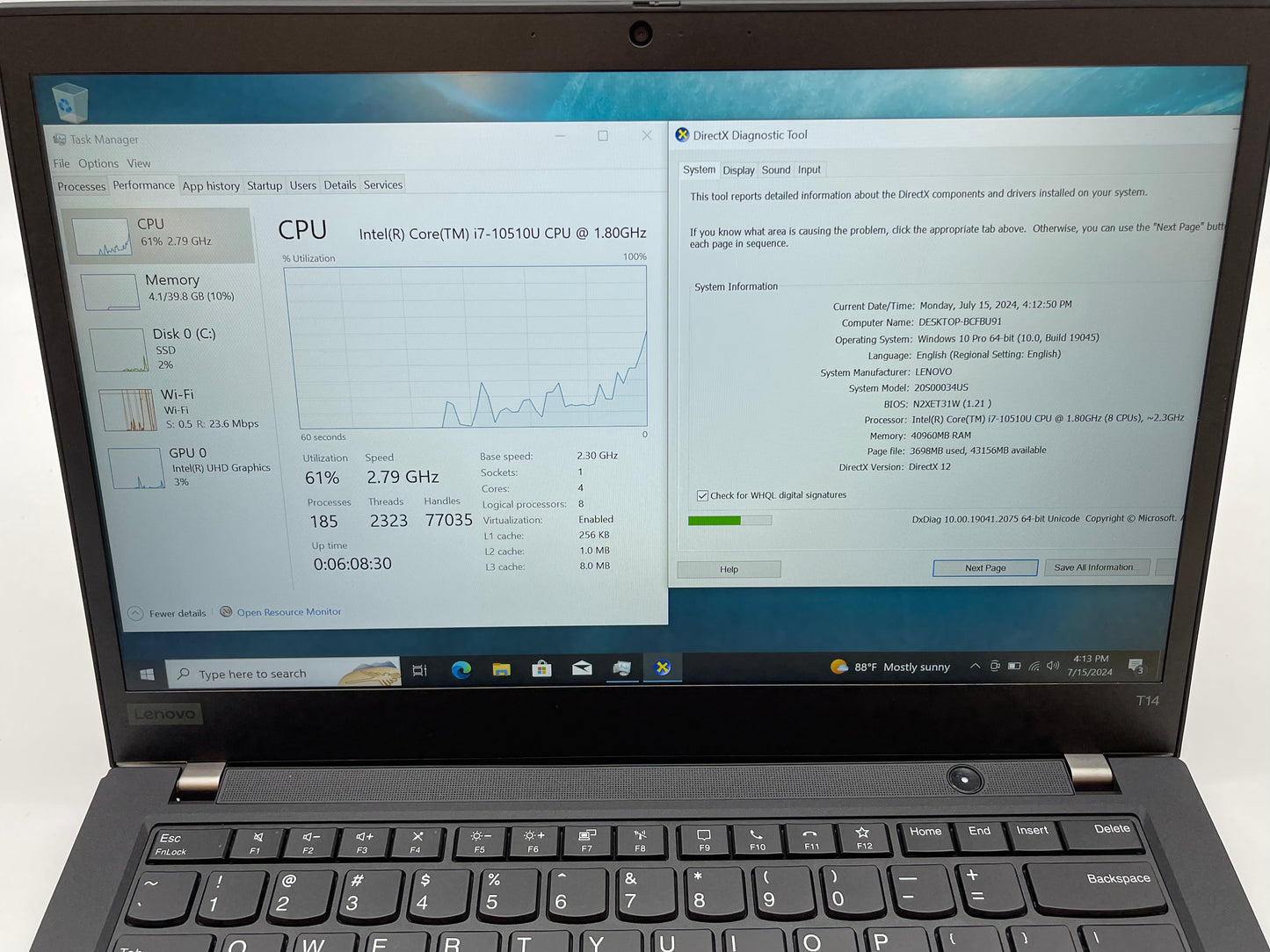 Lenovo ThinkPad T14 Gen 1 14" 1.8GHz i7-10510U 40GB RAM 512GB SSD Win 10P- READ