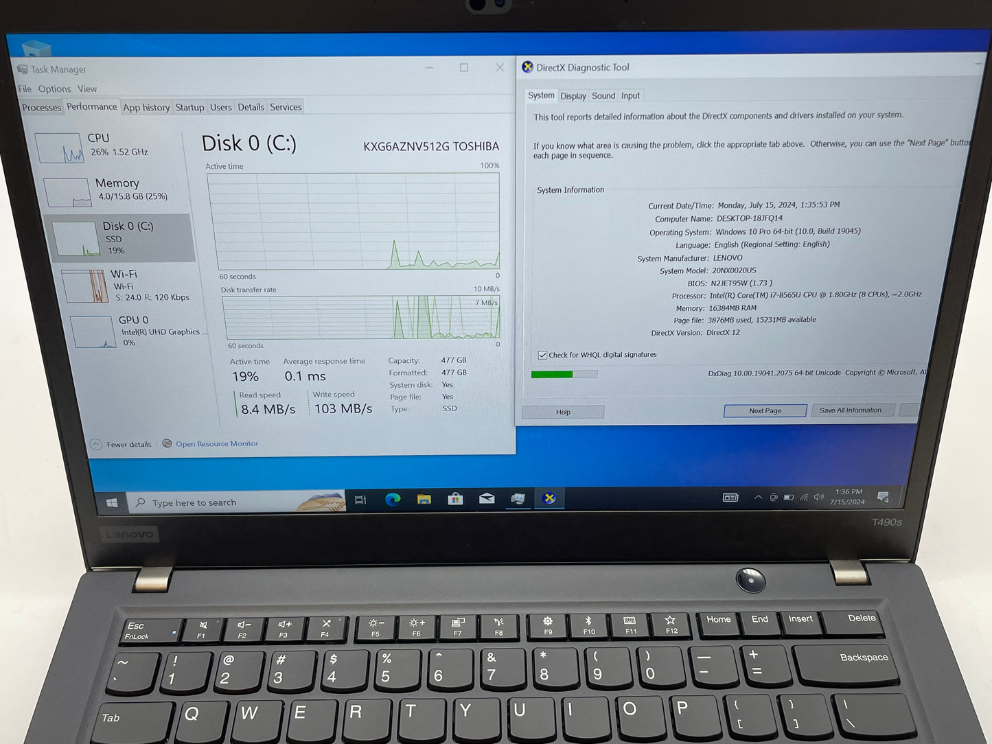 Lenovo ThinkPad T490s 14 inch 1.8GHz i7-8565U 16GB RAM 512GB SSD Win 10P - Good