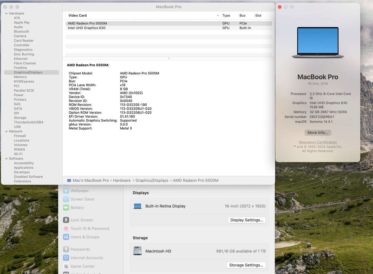 Apple 2019 16" MacBook Pro 2.3GHz 8-Core i9 32GB 1TB SSD RP5500M 8GB - 75 Cycles