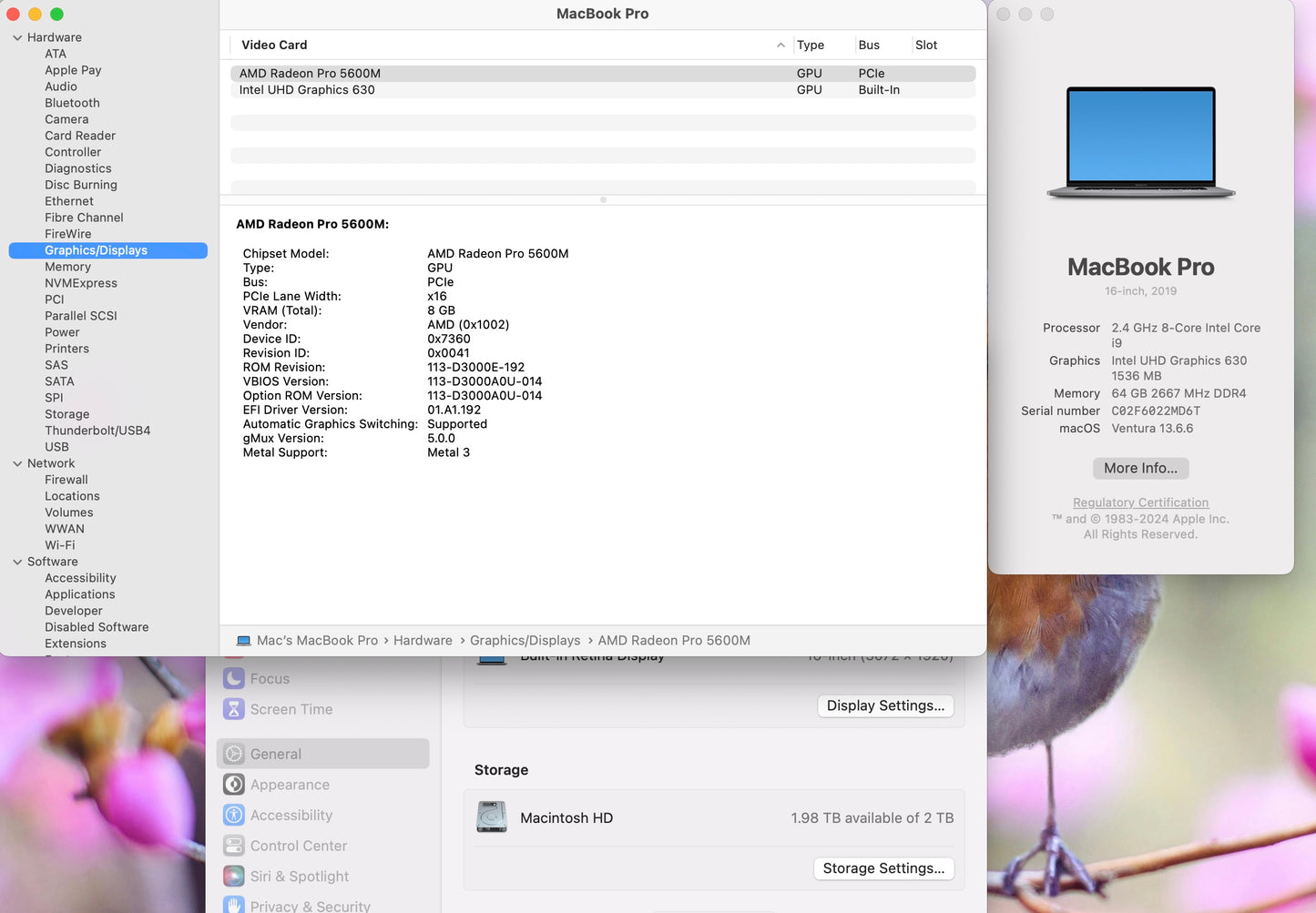 Apple 2019 16" MacBook Pro 2.4GHz 8-Core i9 64GB 2TB SSD RP5600M 8GB - Good