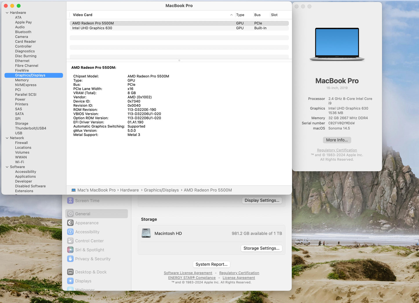 Apple 2019 16" MacBook Pro 2.4GHz 8-Core i9 32GB 1TB SSD RP5500M 8GB - Very Good