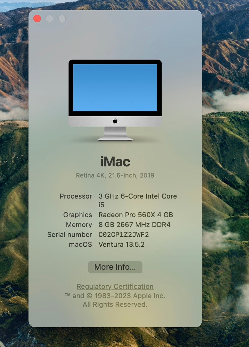 Apple 2019 21.5" 4K iMac 3GHz 6-Core i5 8GB 512GB SSD RP560X 4GB- Excellent