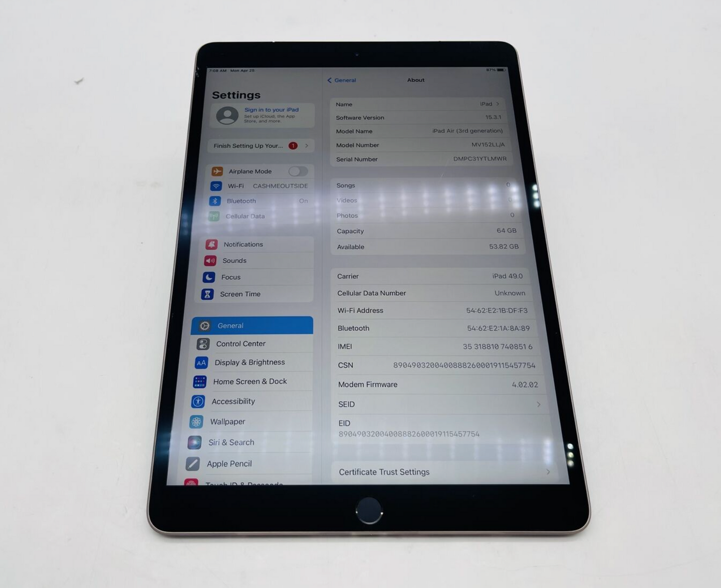 Apple IPad Air 3rd Generation Cellular 64 GB "Space Gray" *Read Description*